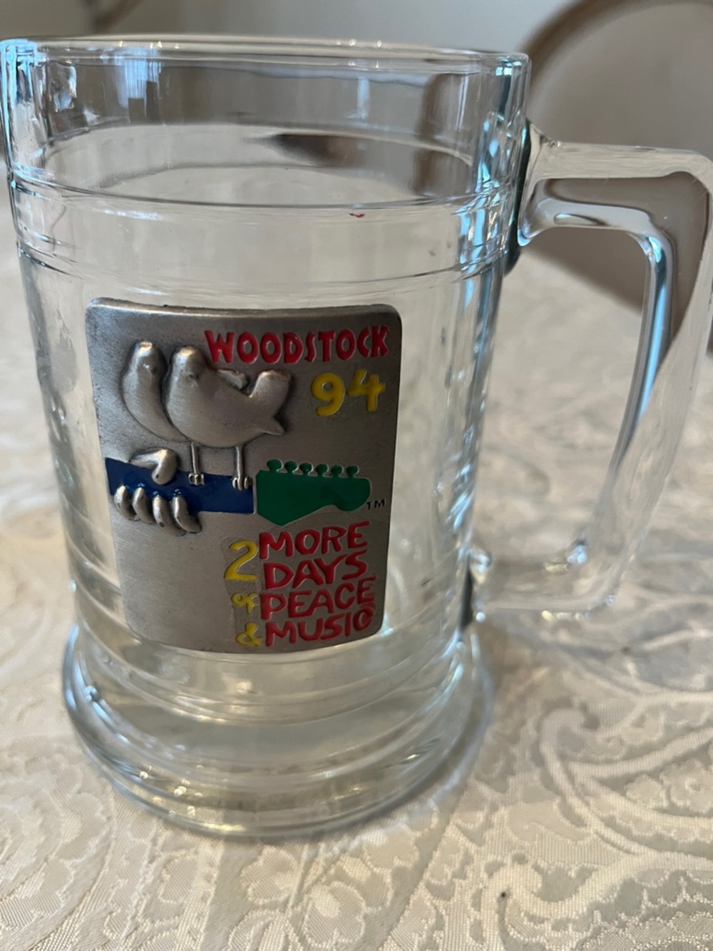 Woodstock '94 Clear Glass Beer Stein with Colorful Festival Emblem Vintage EUC